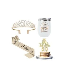50th Birthday Gifts, 12oz Tumbler, Birthday Crown, Sash, Cake Topper and Candles